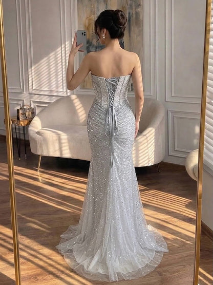 Luxury Silver Gray Beaded Crystal Strapless Evening Dress LA72905A