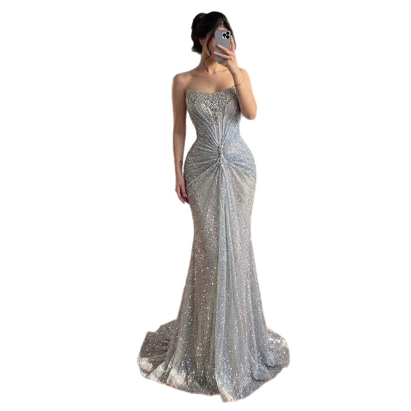 Luxury Silver Gray Beaded Crystal Strapless Evening Dress LA72905B SERENE HILL