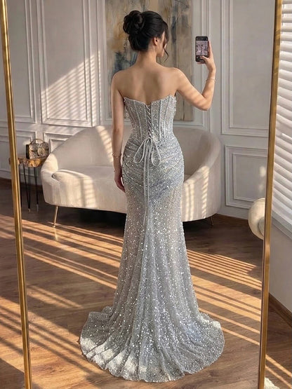 Luxury Silver Gray Beaded Crystal Strapless Evening Dress LA72905B SERENE HILL