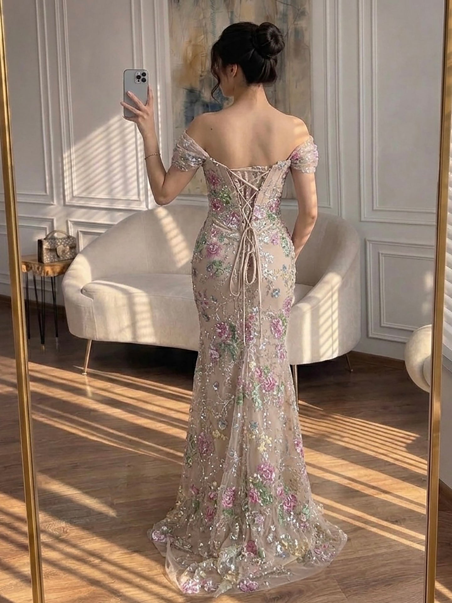 Luxury Nude Pink Floral Beaded Mermaid Dress LA72905C SERENE HILL