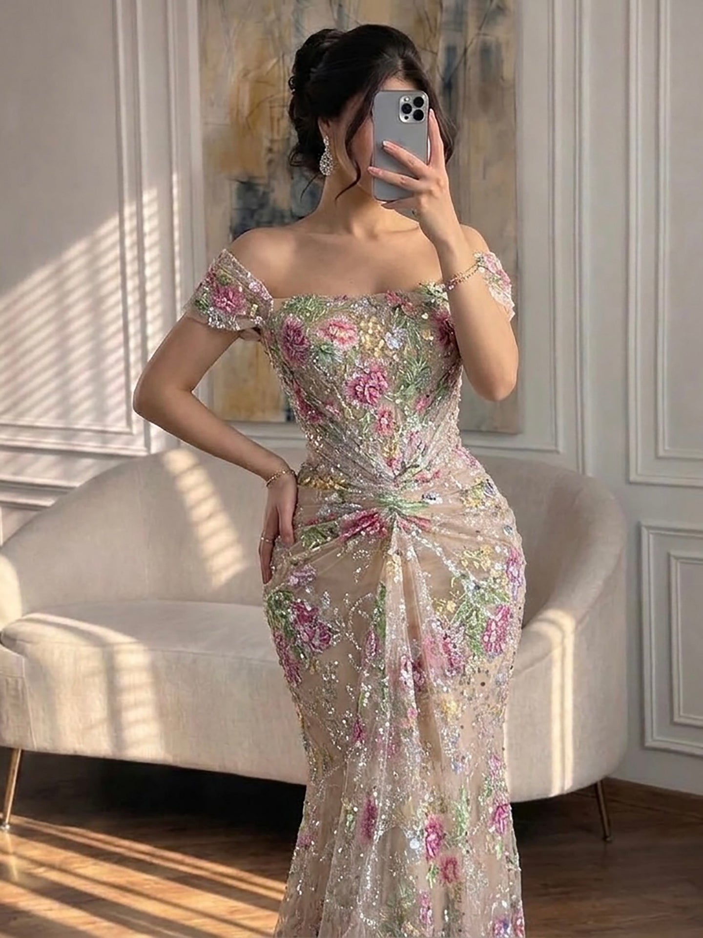 Luxury Nude Pink Floral Beaded Mermaid Dress LA72905C SERENE HILL