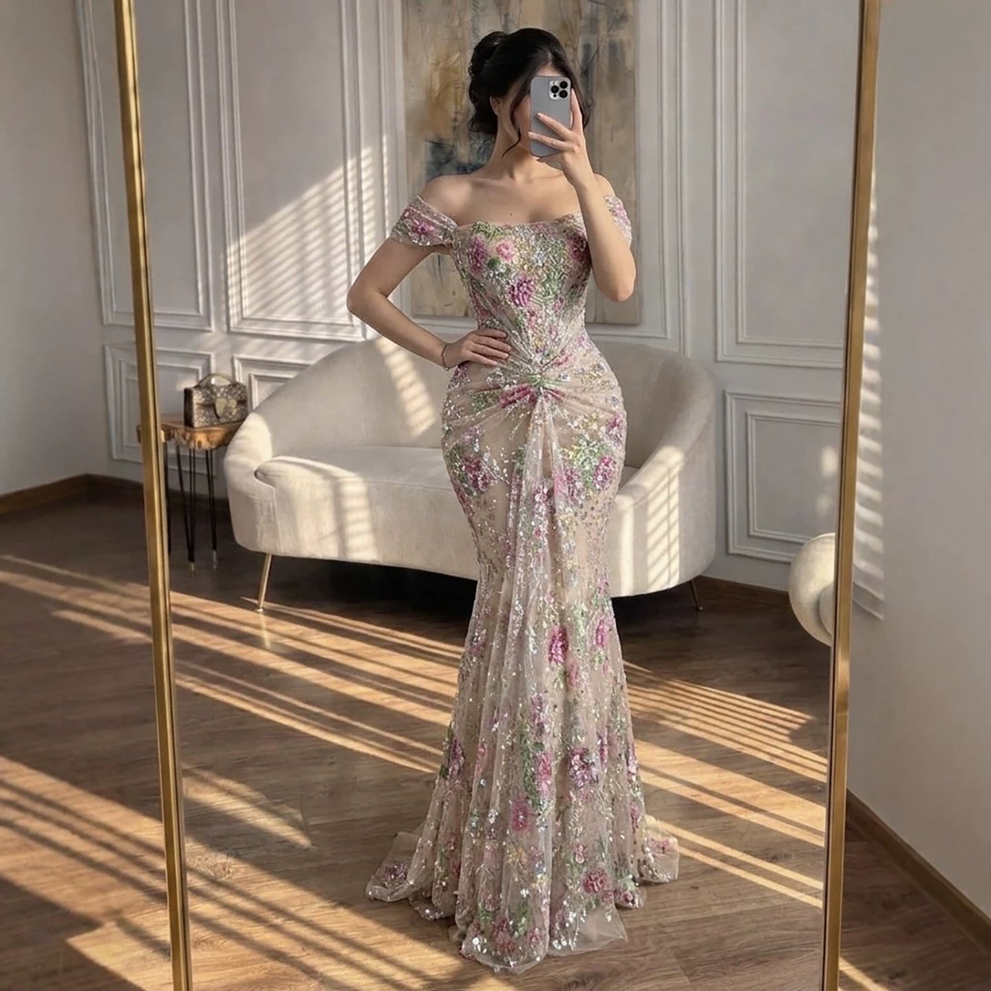 Luxury Nude Pink Floral Beaded Mermaid Dress LA72905C SERENE HILL