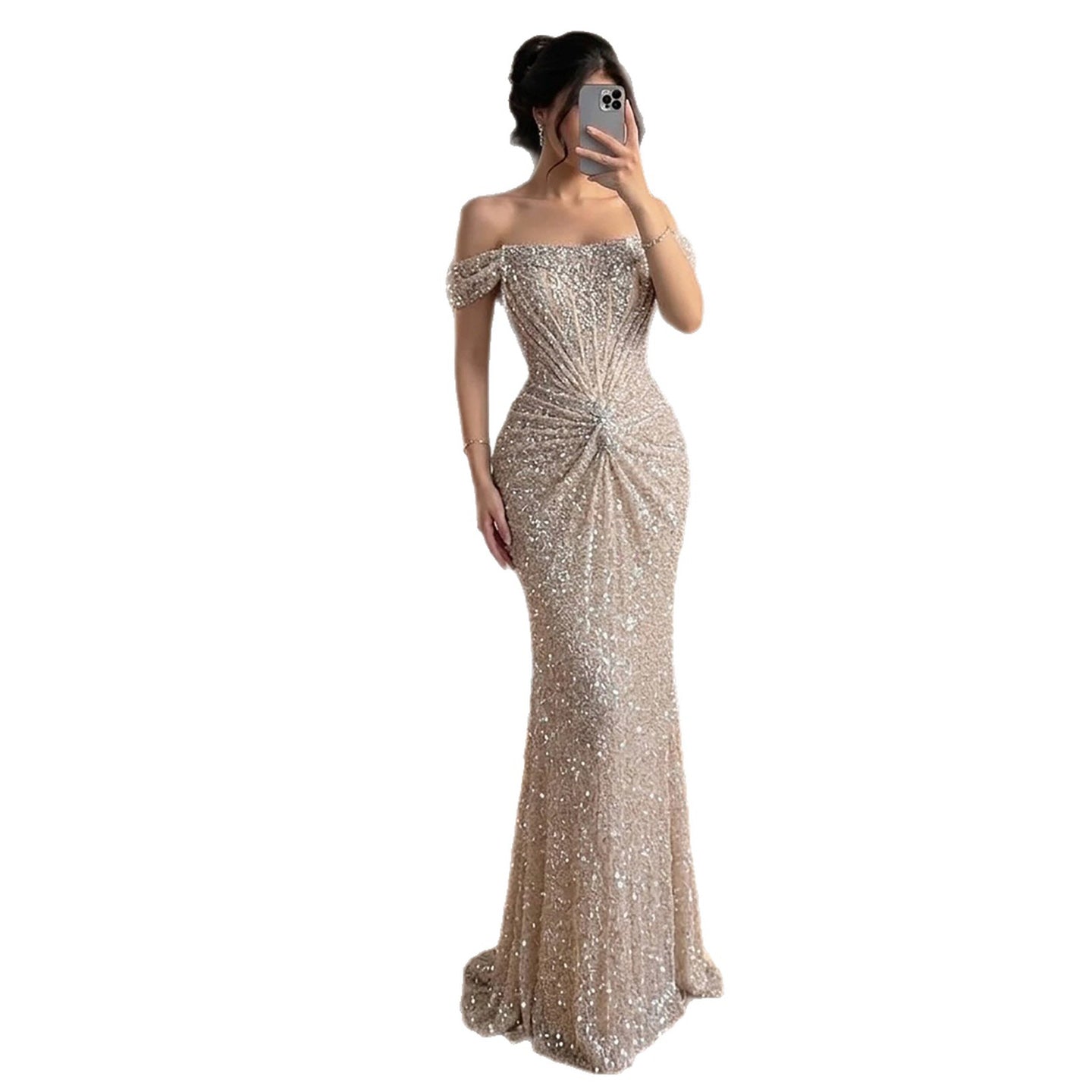 Luxury Cream Crystal Beaded Off The Shoulder Mermaid Dress LA72905D SERENE HILL