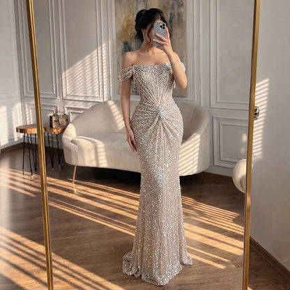 Luxury Cream Crystal Beaded Off The Shoulder Mermaid Dress LA72905D SERENE HILL