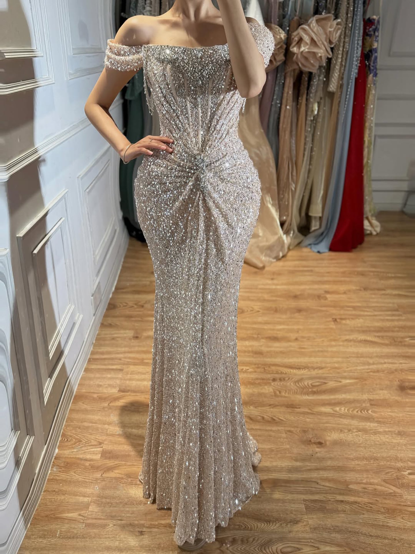 Luxury Cream Crystal Beaded Off The Shoulder Mermaid Dress LA72905D SERENE HILL