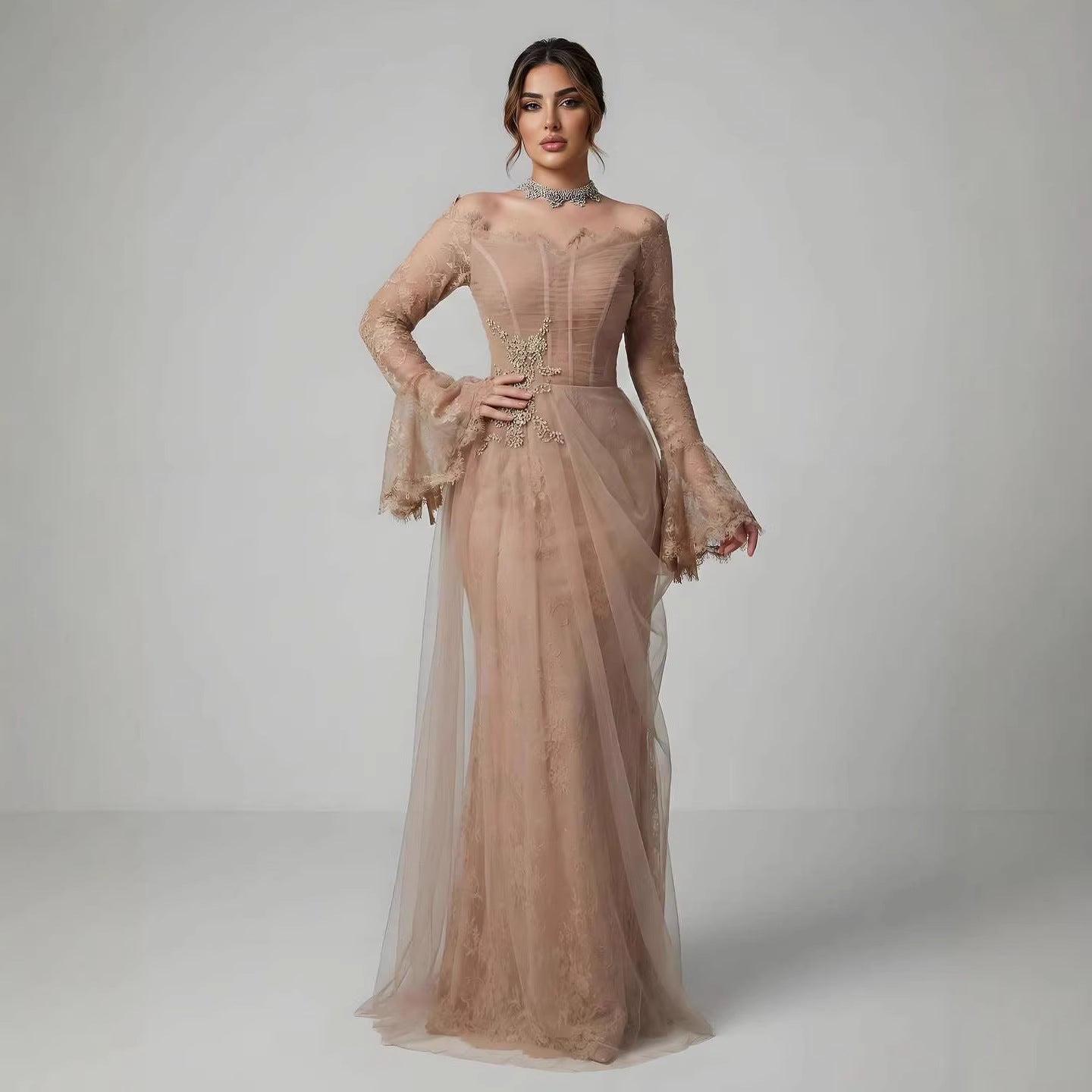Luxury Light Pink Mermaid Lace Beaded Evening Dress LA72910 - SERENE  HILL