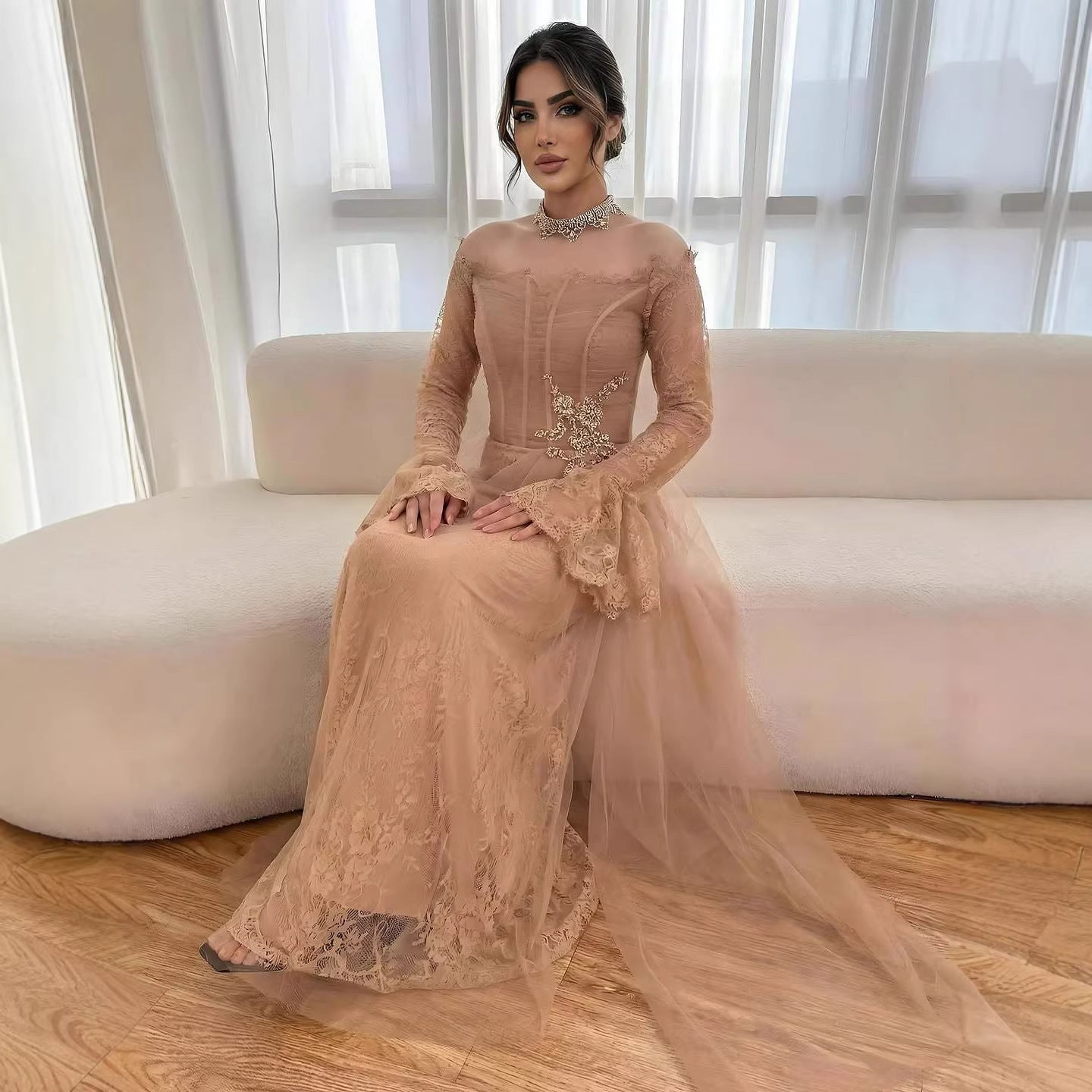 Luxury Light Pink Mermaid Lace Beaded Evening Dress LA72910 - SERENE  HILL