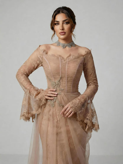 Luxury Light Pink Mermaid Lace Beaded Evening Dress LA72910 - SERENE  HILL