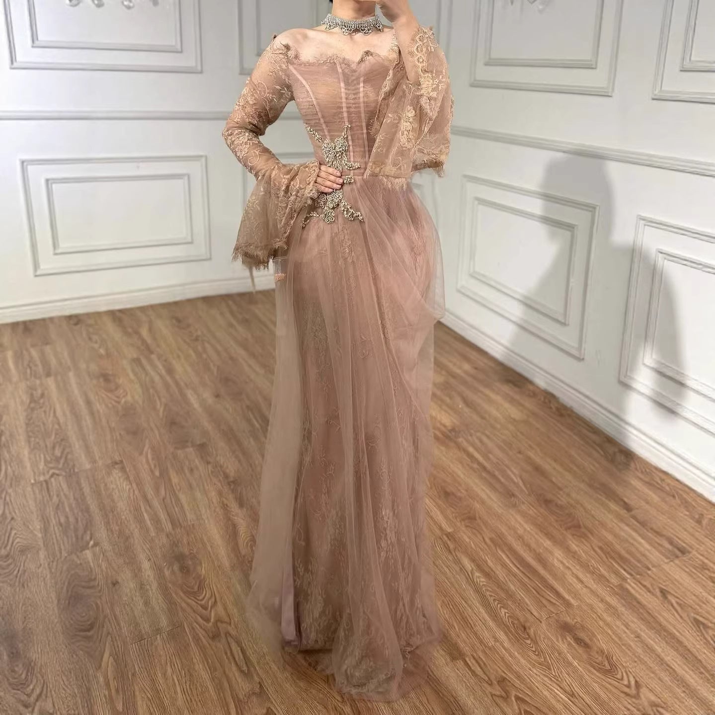 Luxury Light Pink Mermaid Lace Beaded Evening Dress LA72910 - blush Pink / 8 Luxury Light Pink Mermaid Lace Beaded Evening Dress LA72910 - blush Pink / 8