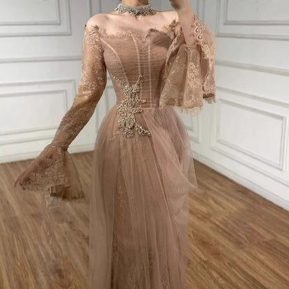 Luxury Light Pink Mermaid Lace Beaded Evening Dress LA72910 - SERENE  HILL