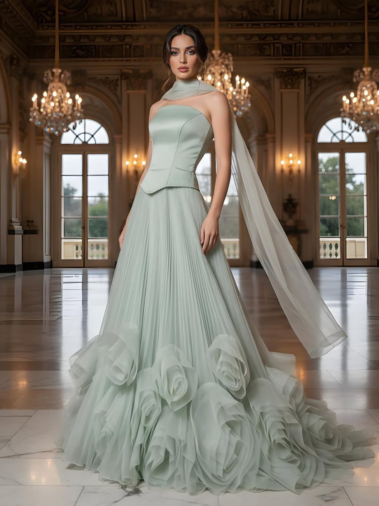 Elegant Sage Green 3D Flowers A Line Evening Dresses Gowns LA72913 - SERENE  HILL