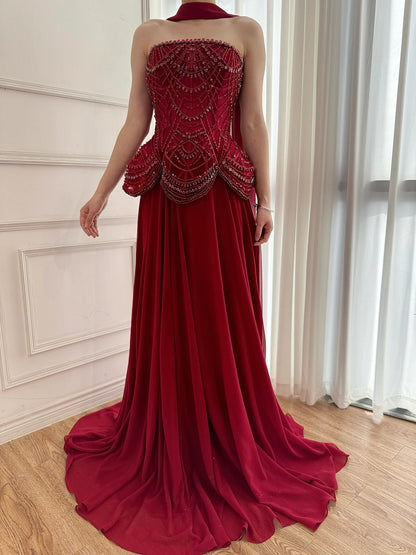 Luxury Designer Nude Beaded Chiffon Evening Dress LA72915 - SERENE  HILL