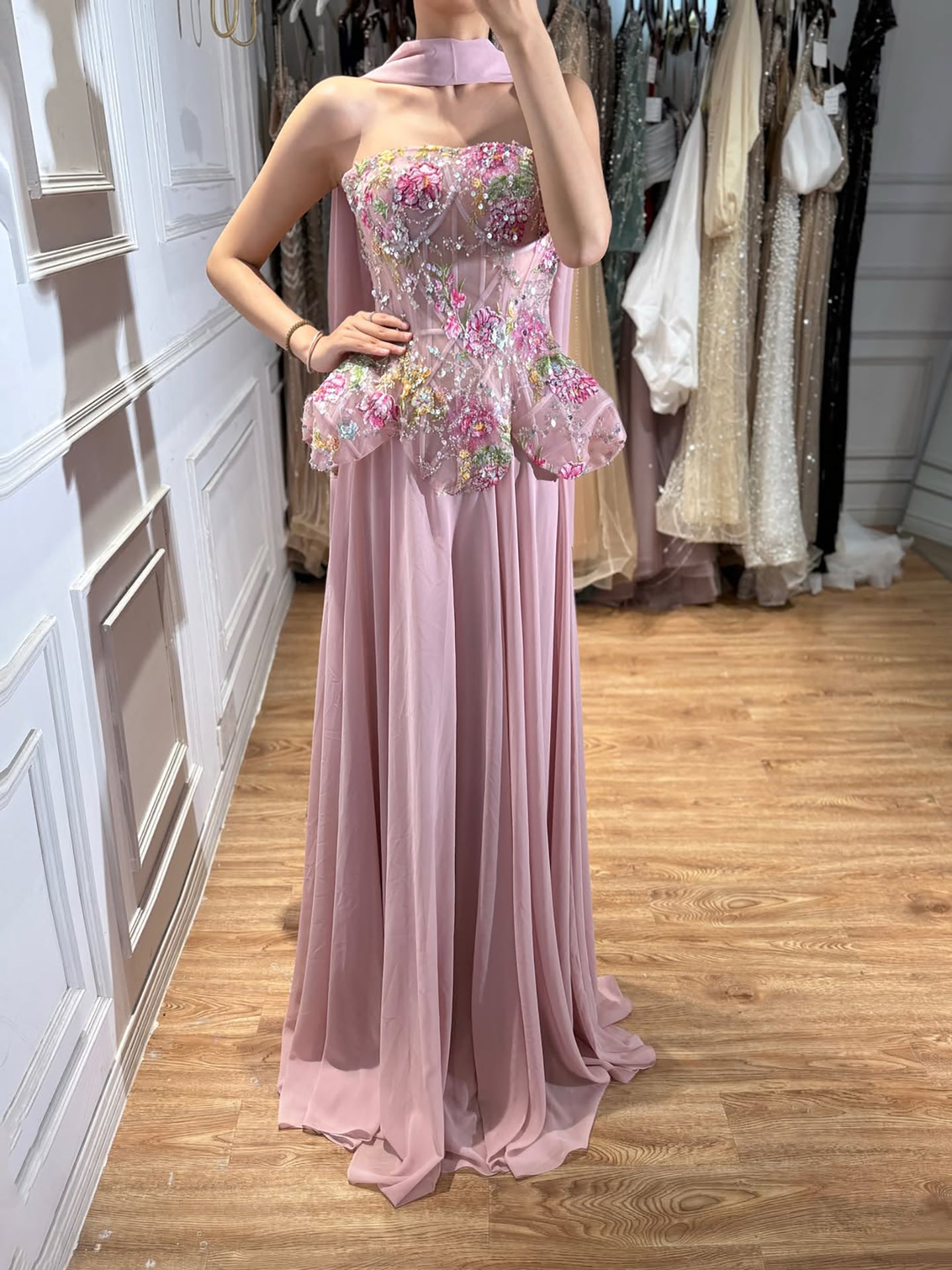 Luxury Pink Strapless Floral Beaded Peplum Evening Dress LA72915A
