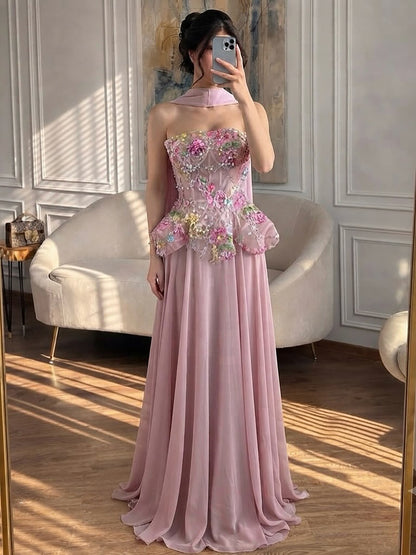 Luxury Pink Strapless Floral Beaded Peplum Evening Dress LA72915A SERENE HILL