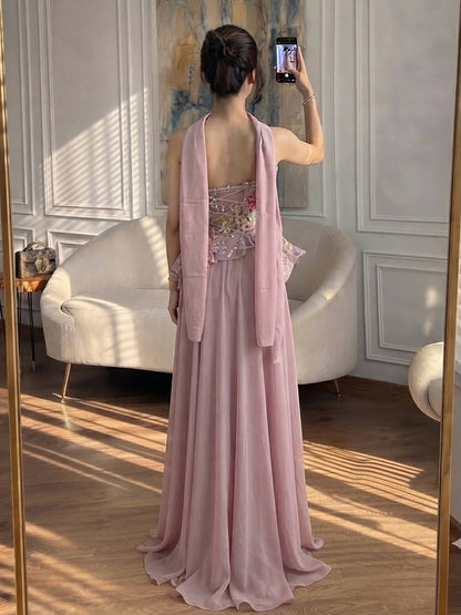 Luxury Pink Strapless Floral Beaded Peplum Evening Dress LA72915A SERENE HILL