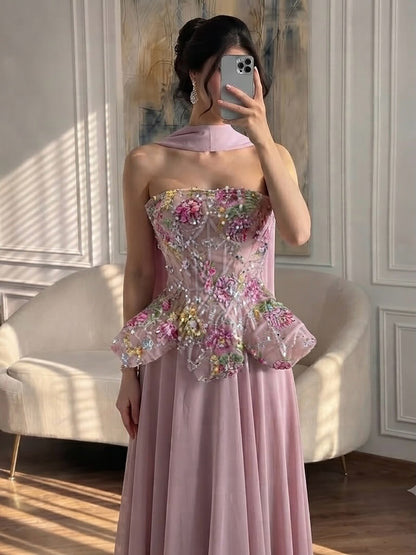 Luxury Pink Strapless Floral Beaded Peplum Evening Dress LA72915A SERENE HILL