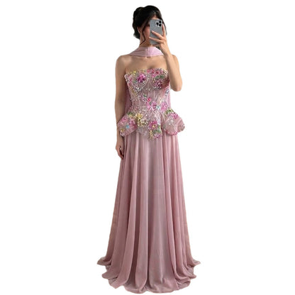 Luxury Pink Strapless Floral Beaded Peplum Evening Dress LA72915A SERENE HILL