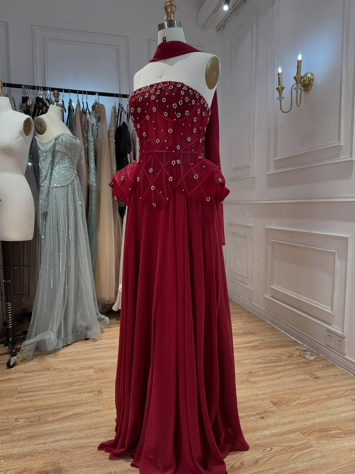 Luxury Black Strapless Beaded Peplum A-Line Evening Dress LA72915B