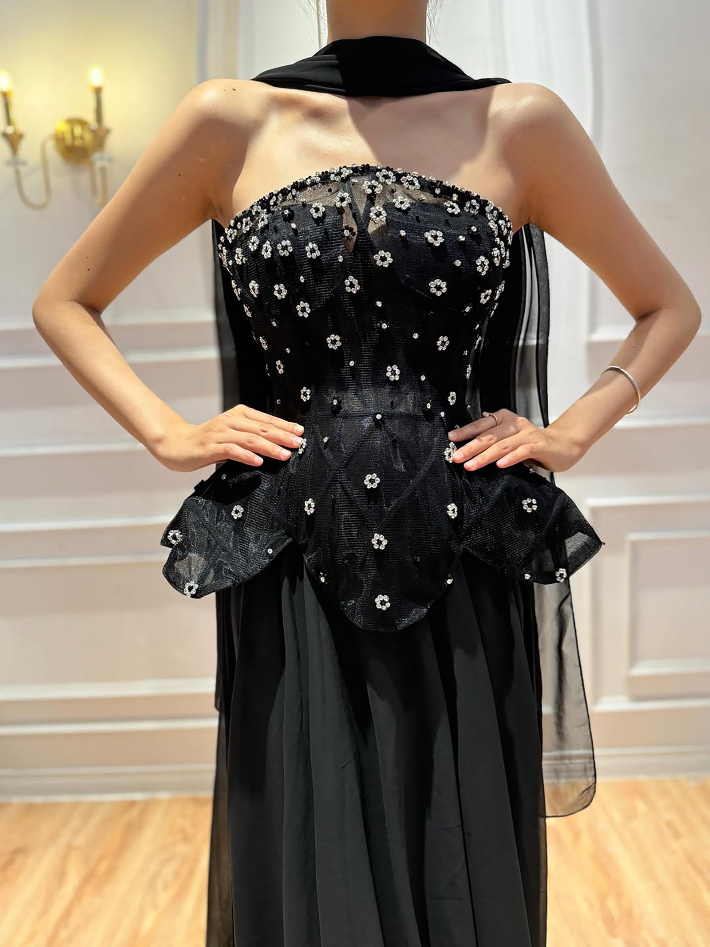 Luxury Black Strapless Beaded Peplum A-Line Evening Dress LA72915B SERENE HILL