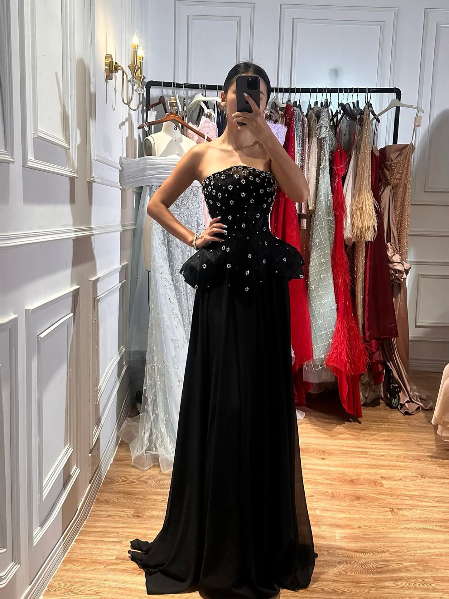 Luxury Black Strapless Beaded Peplum A-Line Evening Dress LA72915B