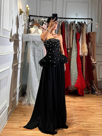 Luxury Black Strapless Beaded Peplum A-Line Evening Dress LA72915B SERENE HILL