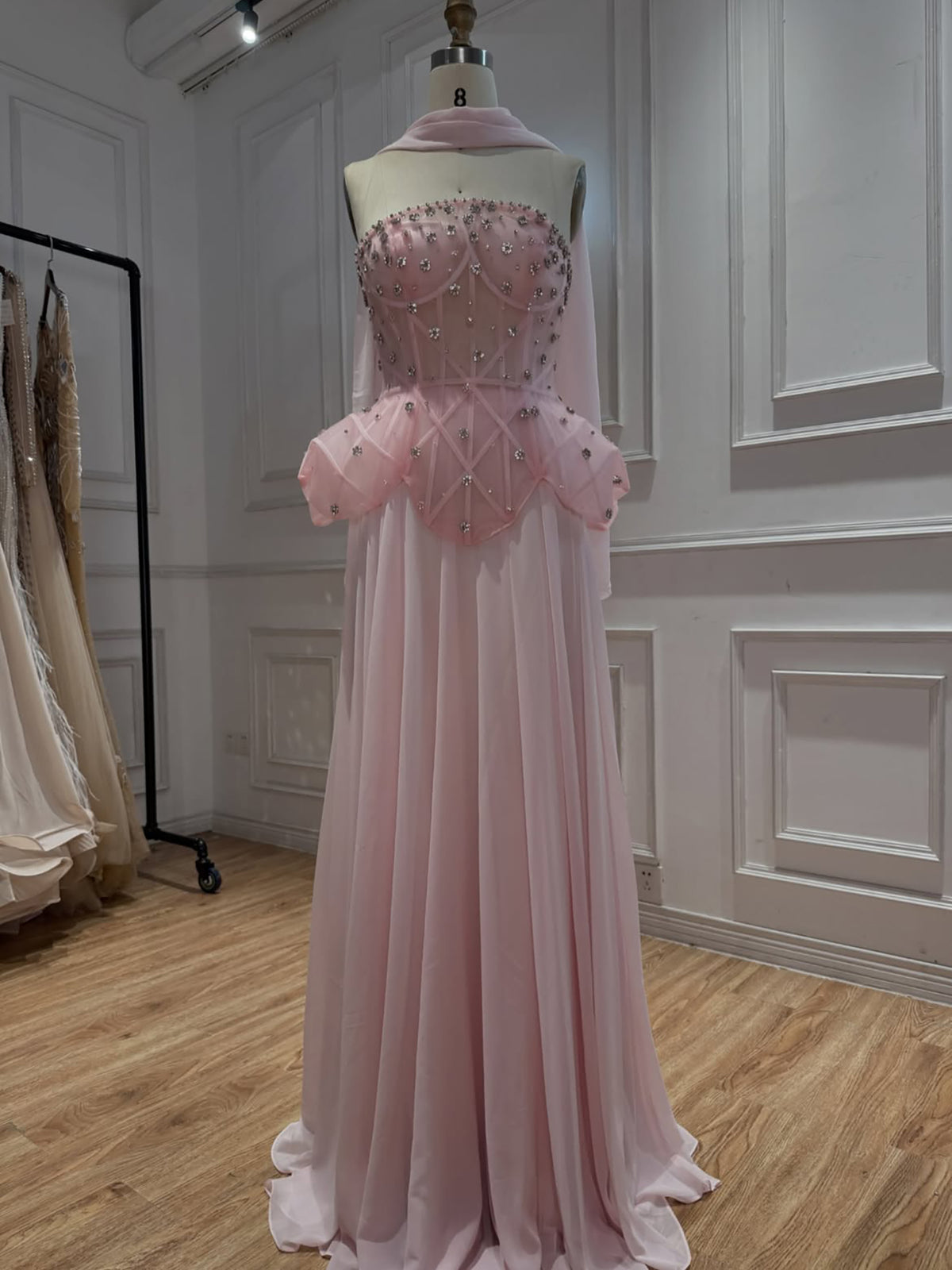 Luxury Black Strapless Beaded Peplum A-Line Evening Dress LA72915B