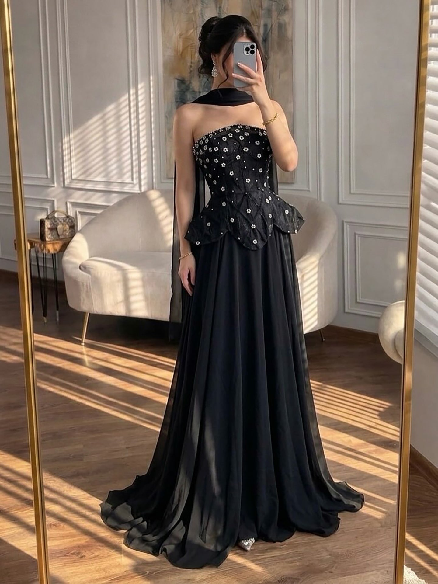 Luxury Black Strapless Beaded Peplum A-Line Evening Dress LA72915B SERENE HILL