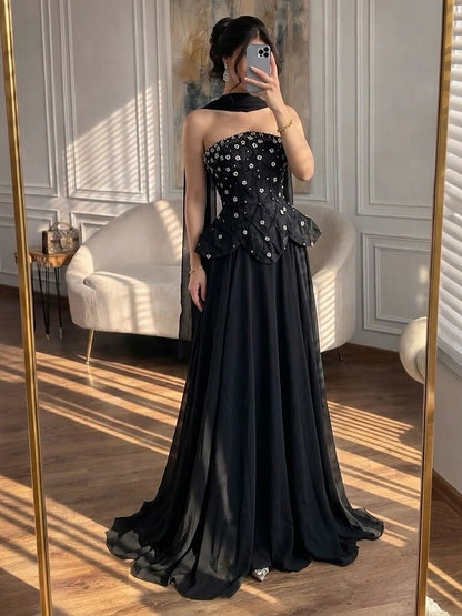 Luxury Black Strapless Beaded Peplum A-Line Evening Dress LA72915B SERENE HILL