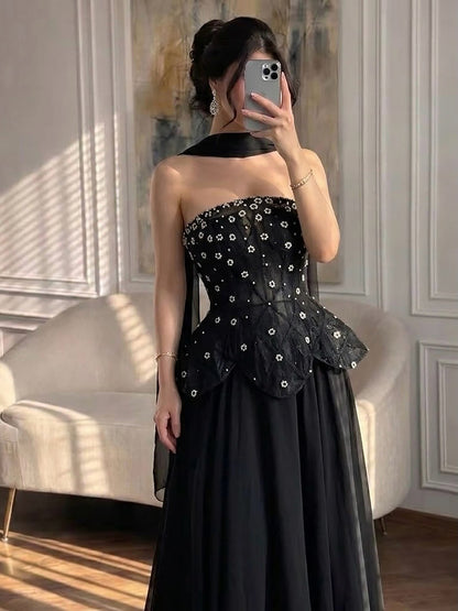 Luxury Black Strapless Beaded Peplum A-Line Evening Dress LA72915B SERENE HILL