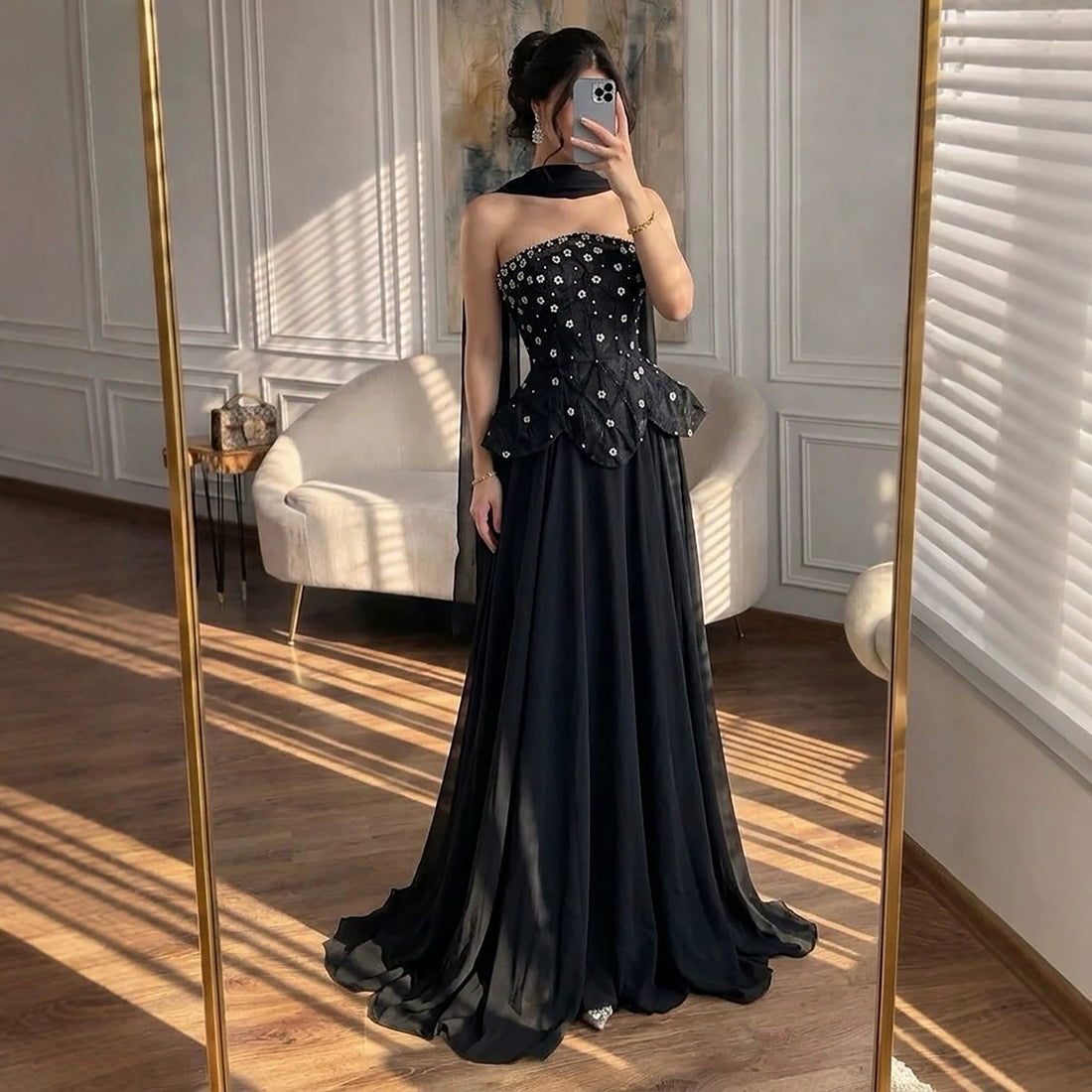 Luxury Black Strapless Beaded Peplum A-Line Evening Dress LA72915B SERENE HILL
