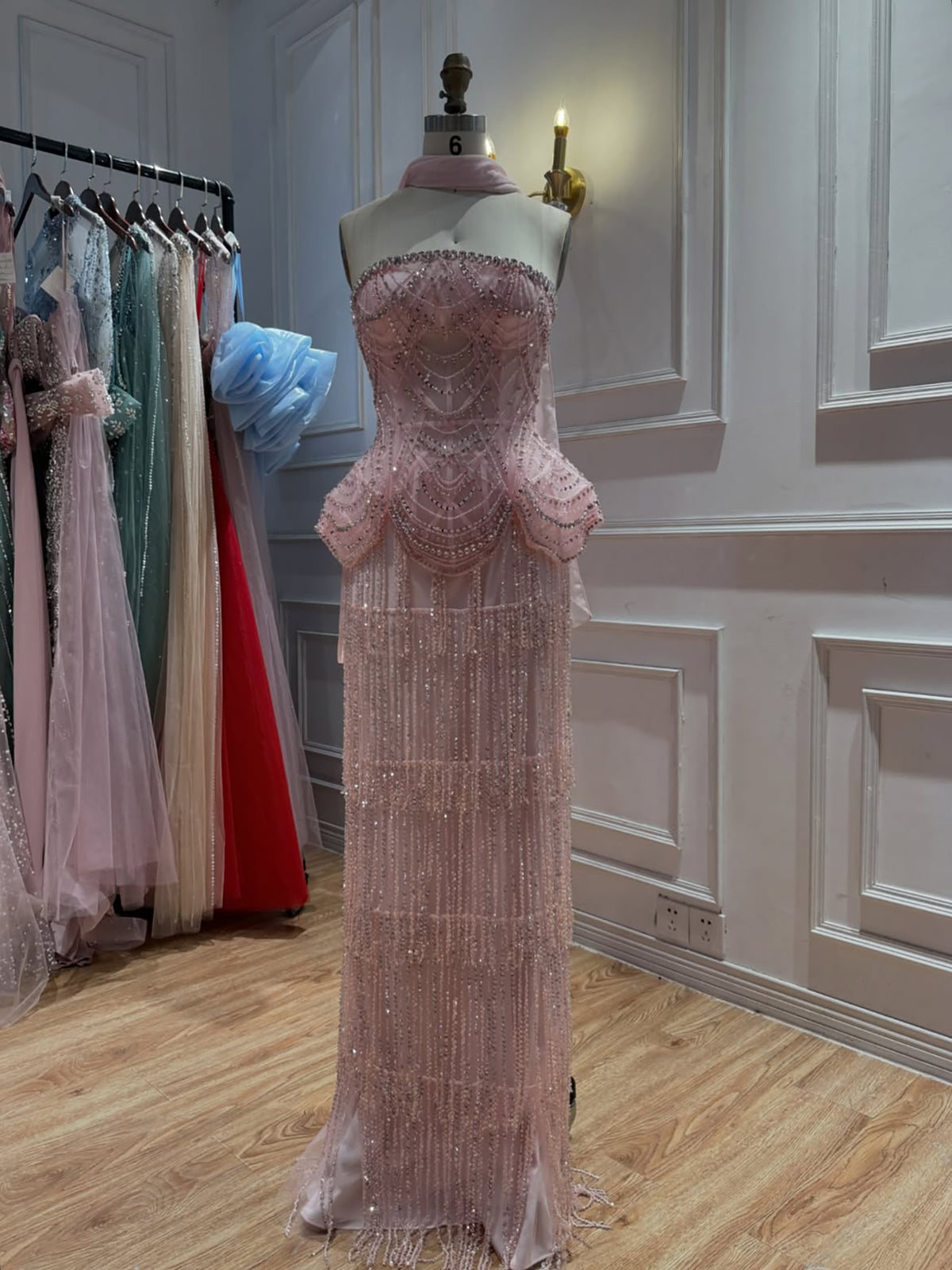 Pink Beaded Tassel Peplum Strapless Evening Dress LA72915C
