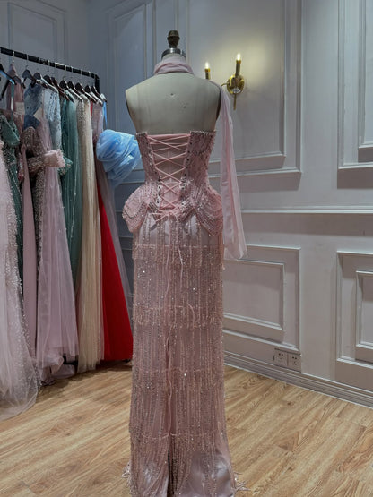 Pink Beaded Tassel Peplum Strapless Evening Dress LA72915C