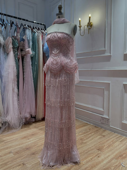Pink Beaded Tassel Peplum Strapless Evening Dress LA72915C