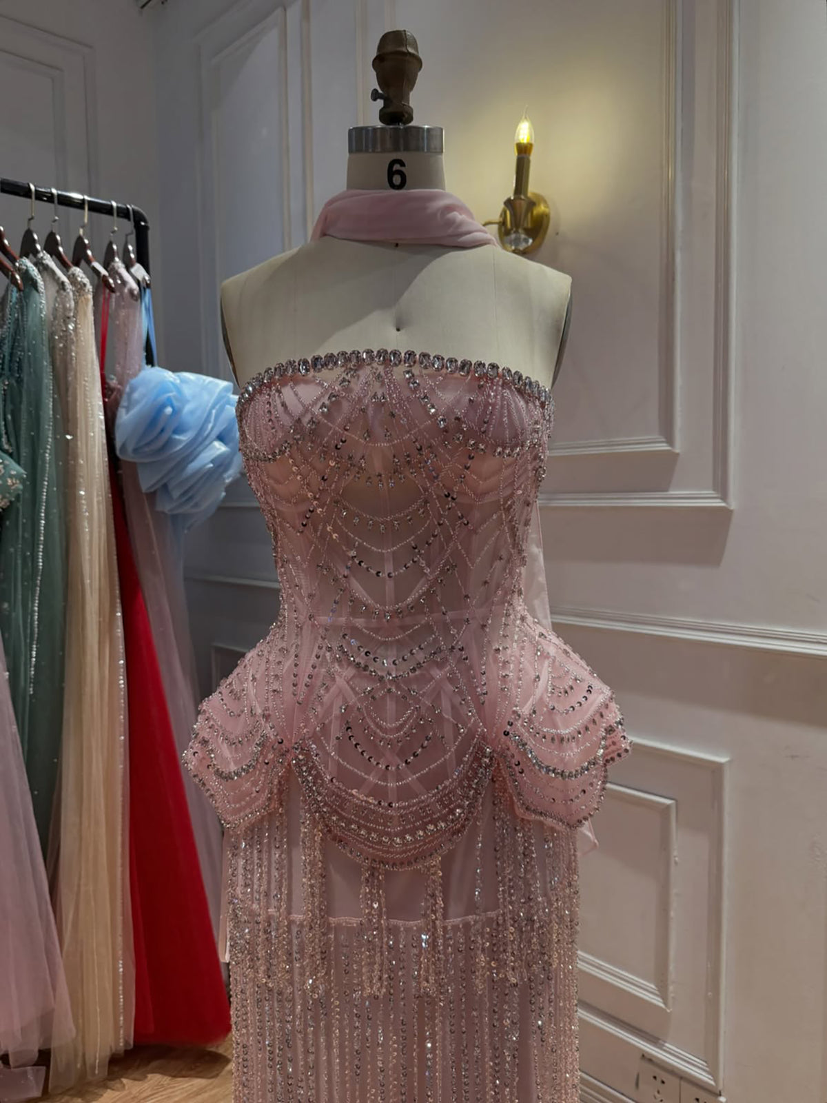 Pink Beaded Tassel Peplum Strapless Evening Dress LA72915C