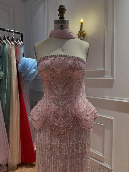 Pink Beaded Tassel Peplum Strapless Evening Dress LA72915C