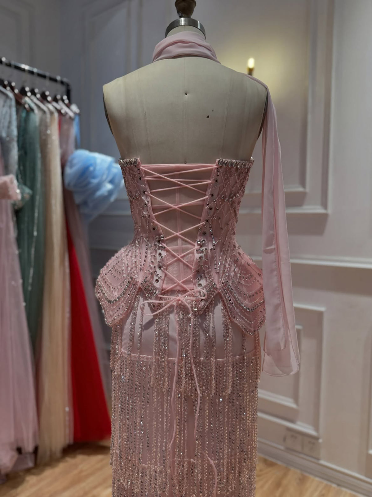 Pink Beaded Tassel Peplum Strapless Evening Dress LA72915C