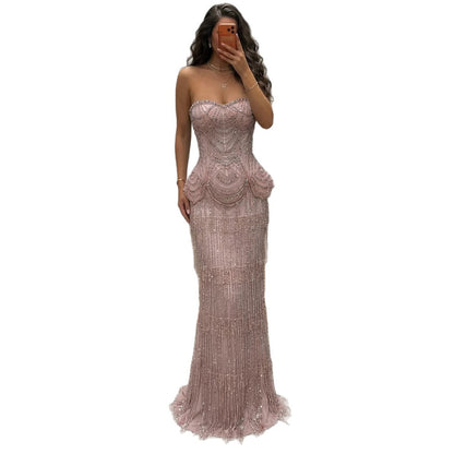 Pink Beaded Tassel Peplum Strapless Evening Dress LA72915C