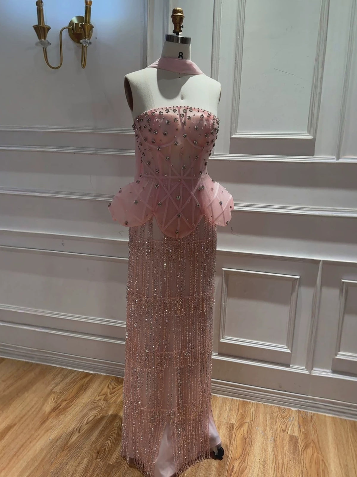 Elegant Pink Beaded Tassel Peplum Strapless Evening Dress LA72915D