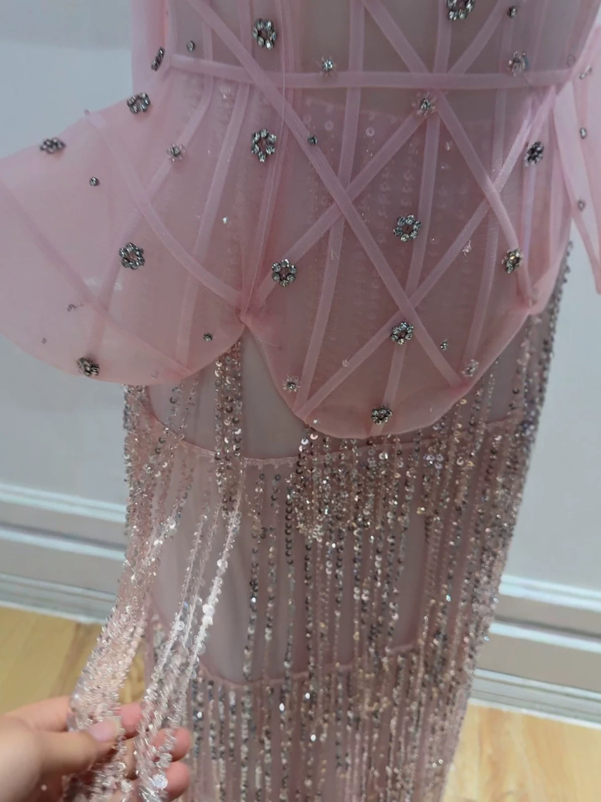 Elegant Pink Beaded Tassel Peplum Strapless Evening Dress LA72915D