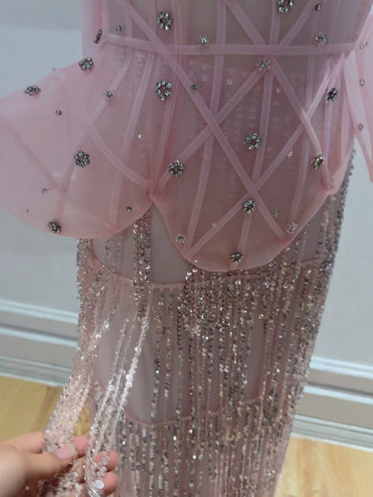 Elegant Pink Beaded Tassel Peplum Strapless Evening Dress LA72915D