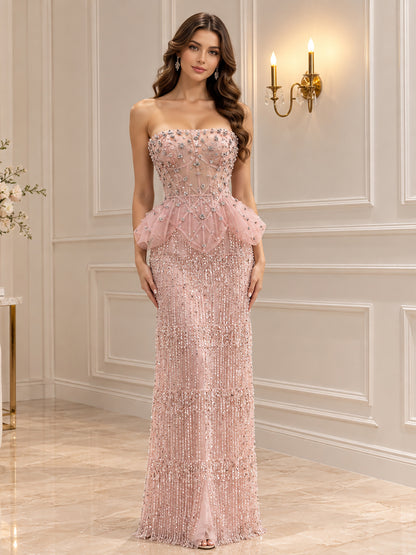 Elegant Pink Beaded Tassel Peplum Strapless Evening Dress LA72915D
