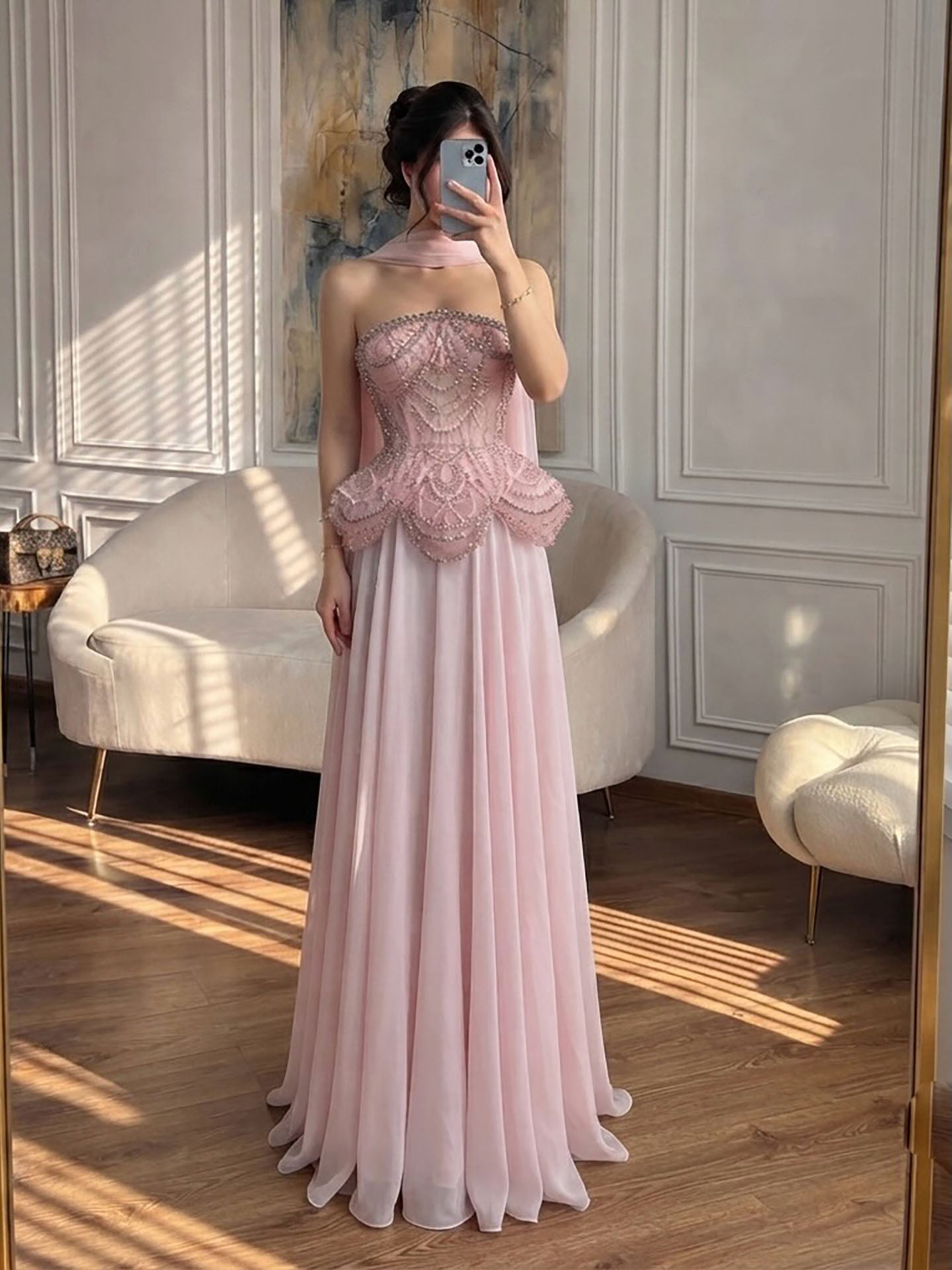Luxury Designer Nude Beaded Chiffon Evening Dress LA72915 SERENE HILL