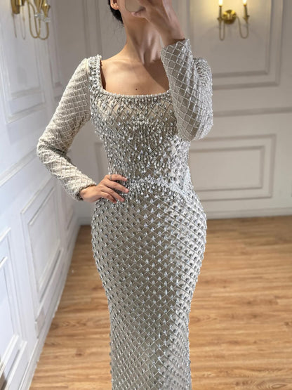 Modest Pearl Beaded Mermaid Evening Dress with Long Sleeves LA72919A