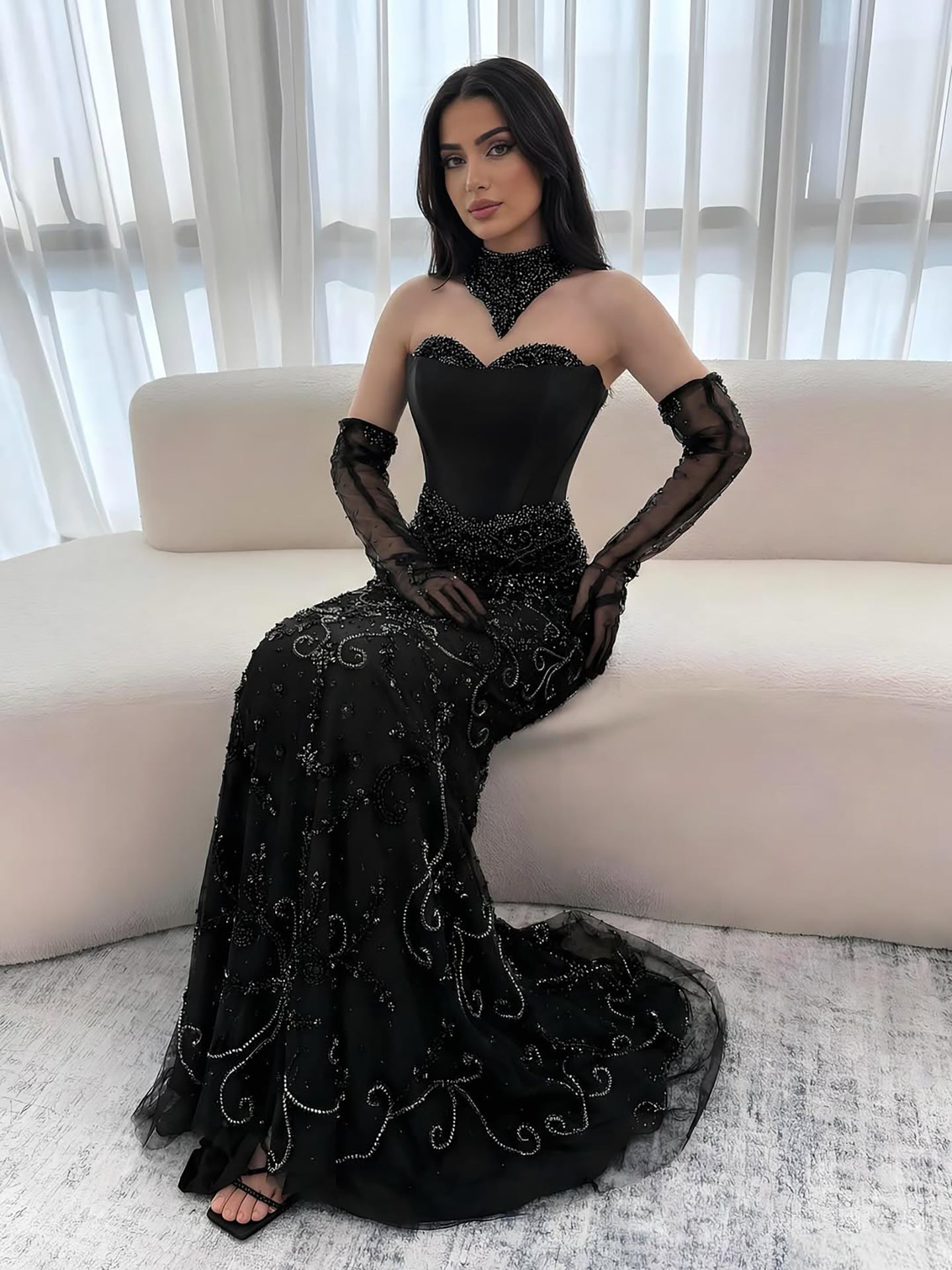 Luxury Beaded   Evening Dress Sheer Long Gloves LA72929 - SERENE  HILL