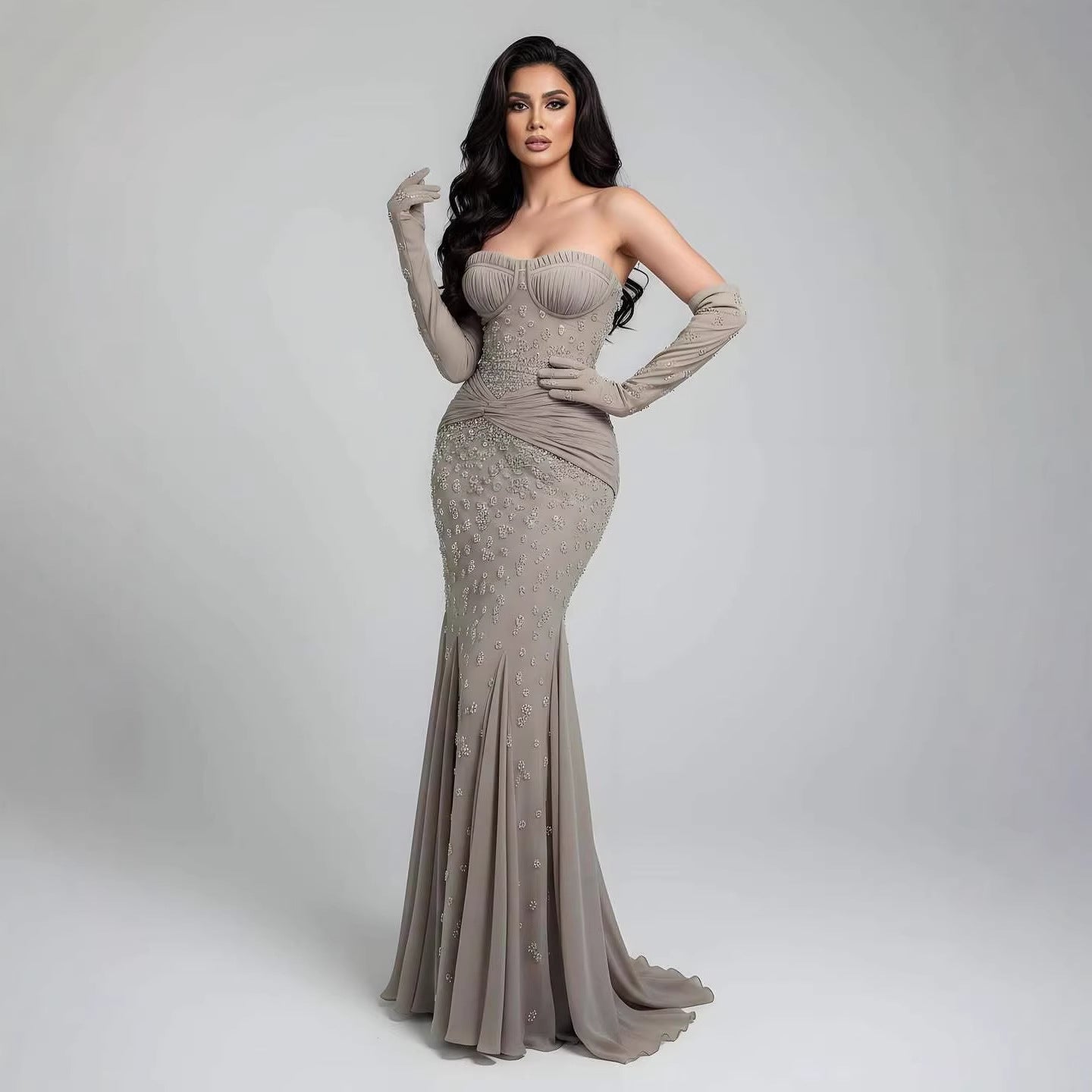 Luxury Turquoise   Beaded Evening Dress with Gloves LA72933 - SERENE  HILL