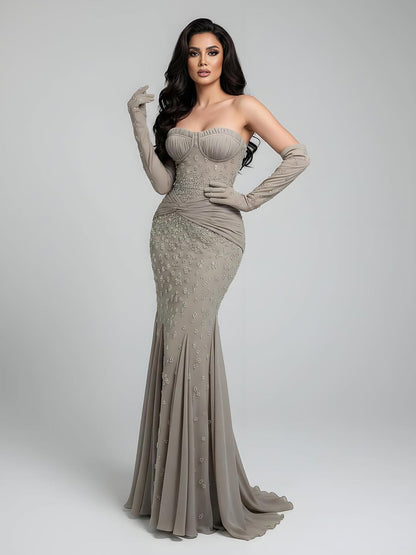 Luxury Turquoise   Beaded Evening Dress with Gloves LA72933 - SERENE  HILL