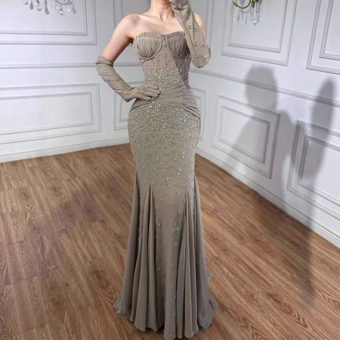 Luxury Turquoise   Beaded Evening Dress with Gloves LA72933 - SERENE  HILL