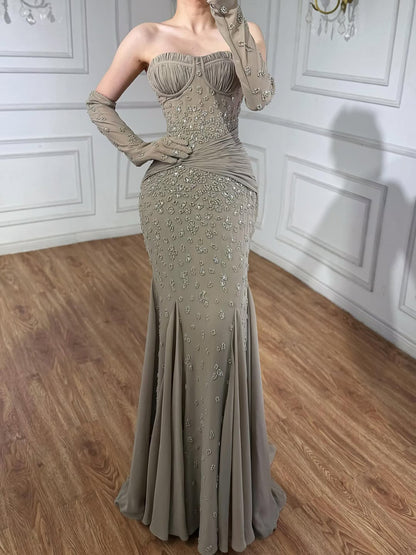 Luxury Turquoise   Beaded Evening Dress with Gloves LA72933 - SERENE  HILL