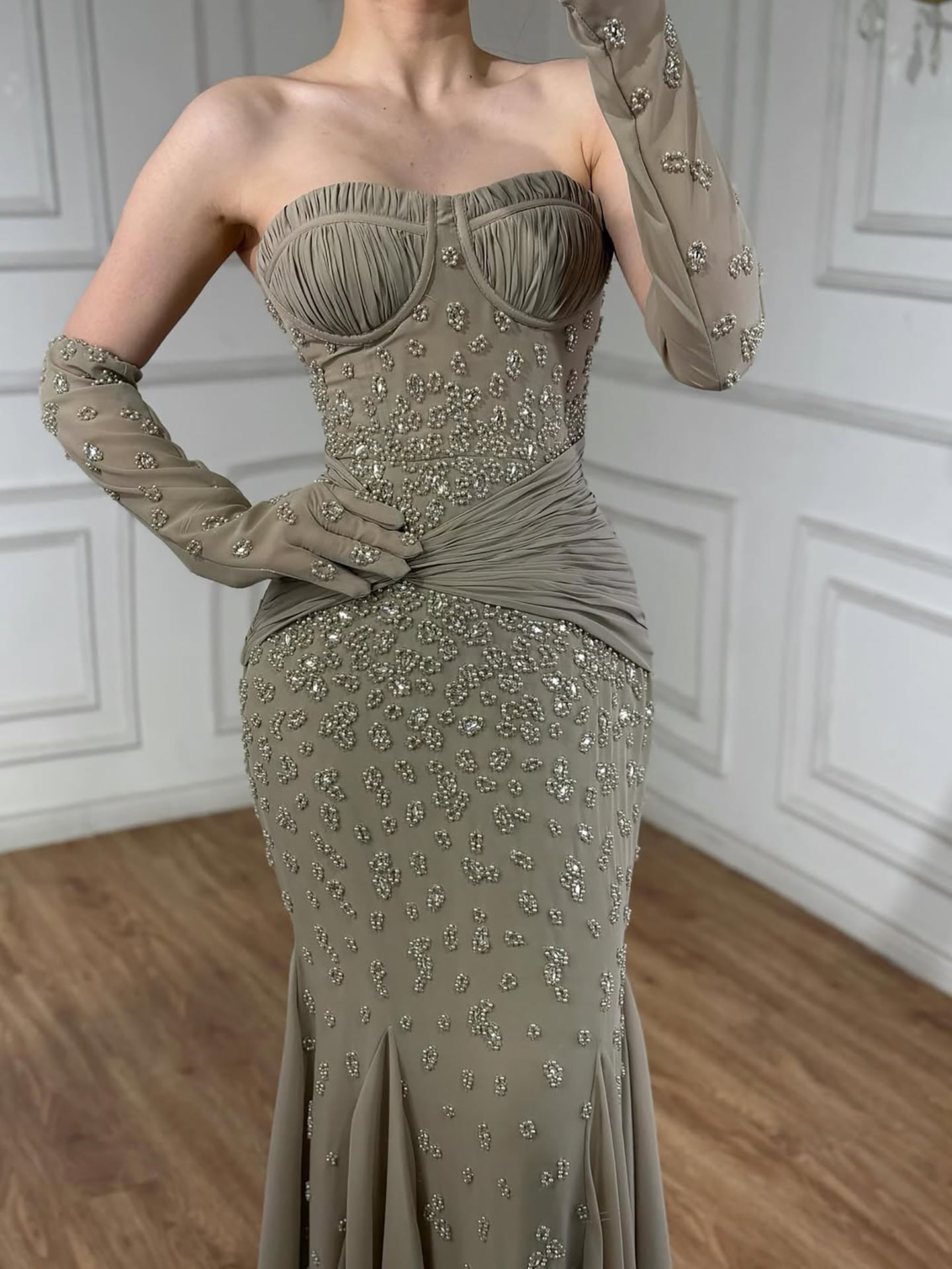 Luxury Turquoise   Beaded Evening Dress with Gloves LA72933 - SERENE  HILL