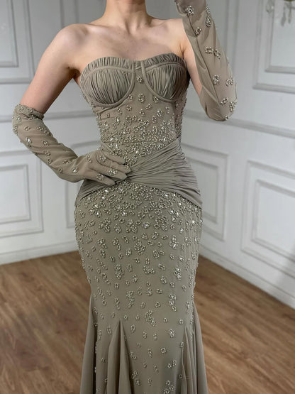 Luxury Turquoise   Beaded Evening Dress with Gloves LA72933 - SERENE  HILL